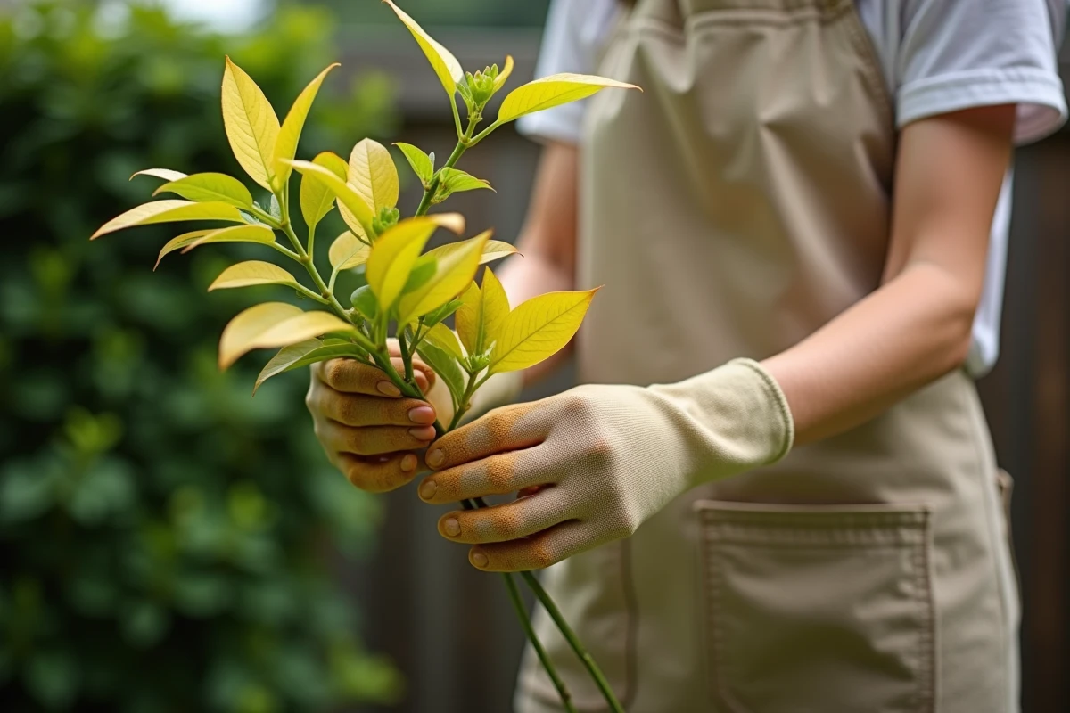Jardinière inspectant les feuilles jaunes d'un laurier rose avec des gants de jardinage