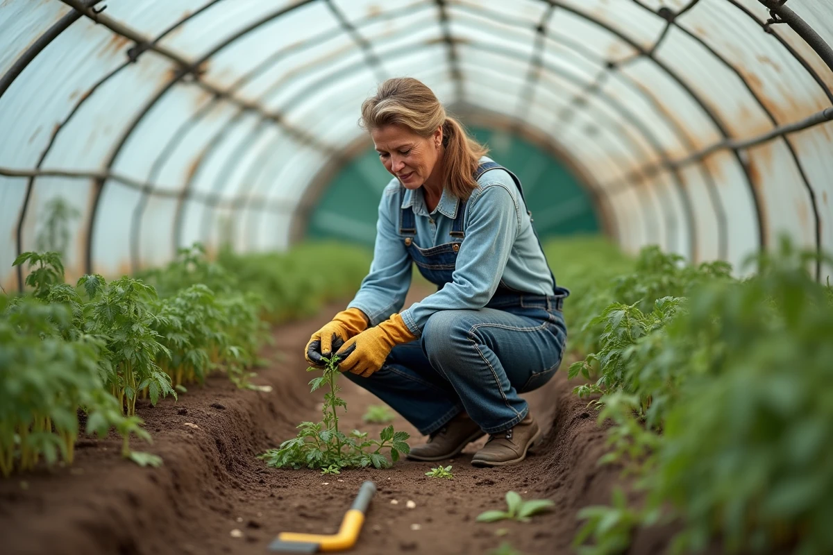 Jardinière inspectant des plants de tomates aux feuilles blanches dans une serre maraîchère