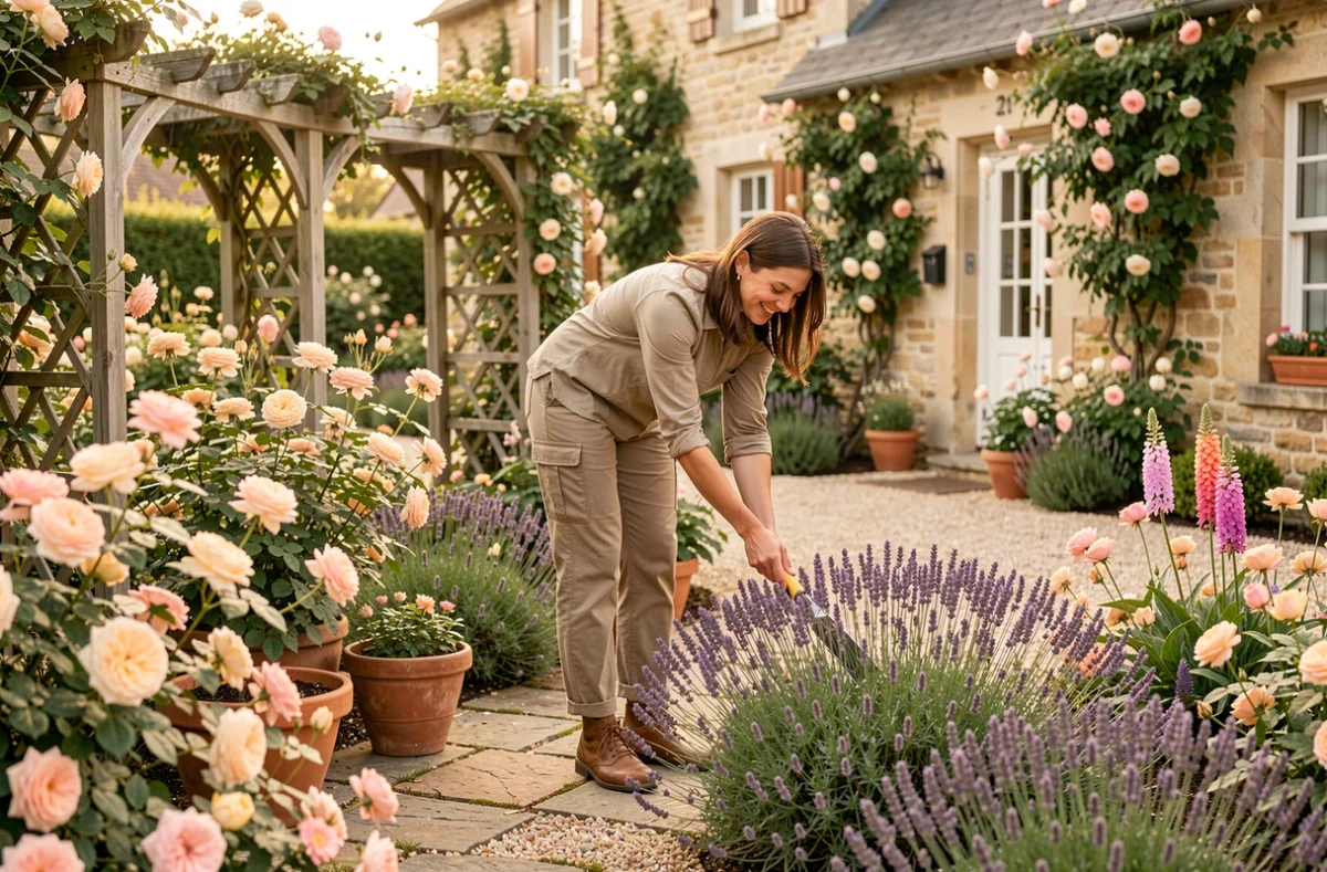 Paysagiste des Jardins de Lilou arrangeant un jardin champêtre fleuri avec roses et lavande autour d'une propriété rurale du nord de la France.