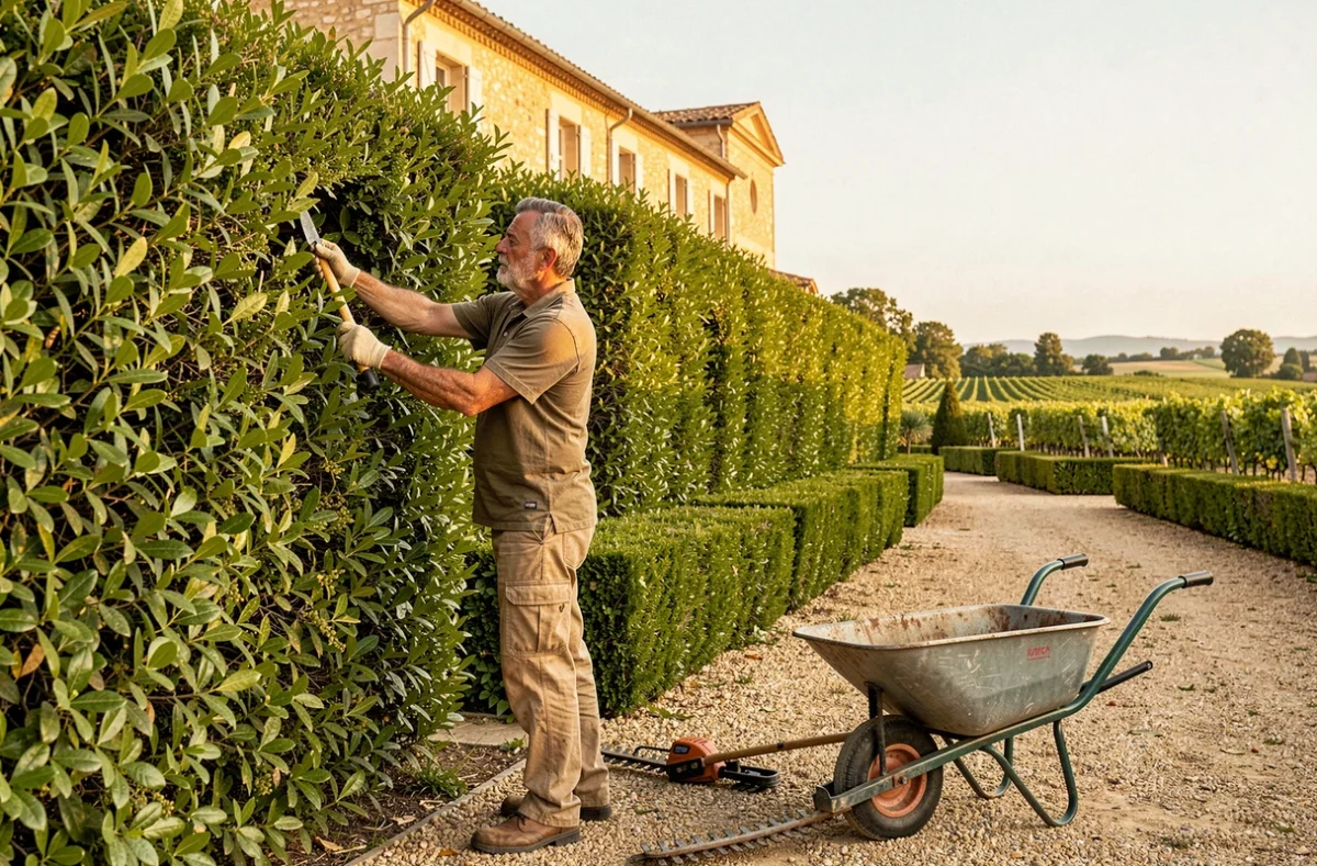 Jardinier des Jardins du Sud taillant une haie méditerranéenne dans une propriété privée à Béziers