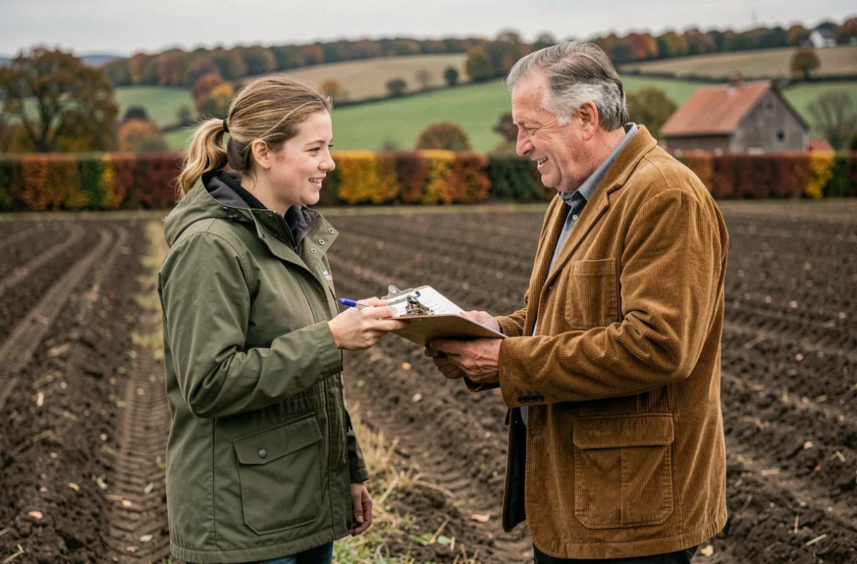 Une jeune agricultrice et un conseiller agricole discutent au bord d'un champ labouré en automne, illustrant le soutien humain contre l'isolement en agriculture
