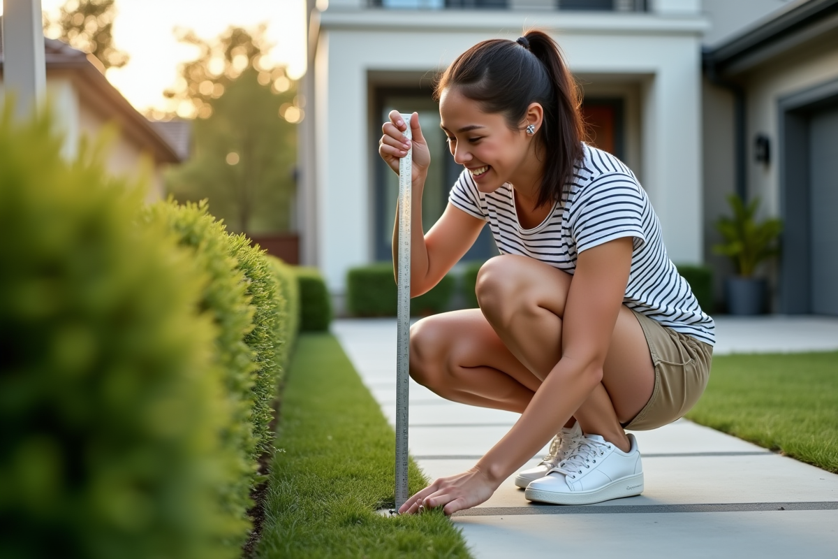 Jeune femme mesurant la hauteur du gazon artificiel dans la cour