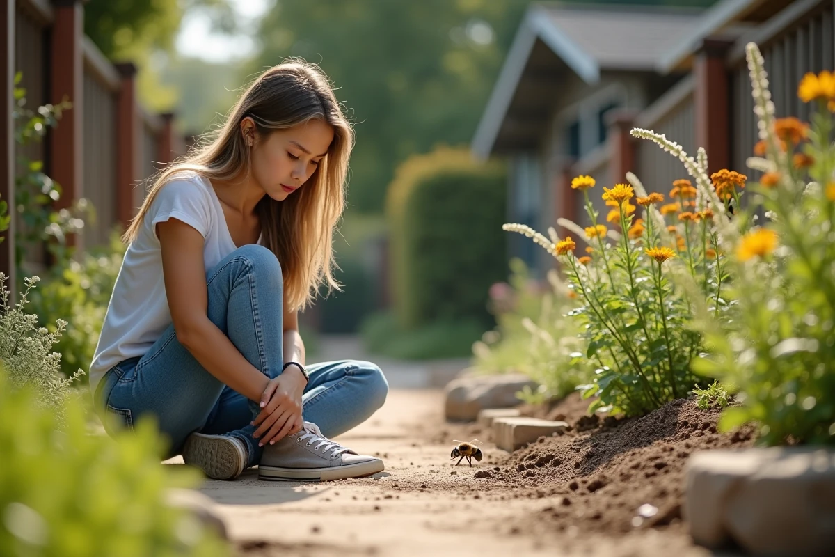 Jeune femme regardant une abeille sortir du sol dans le jardin