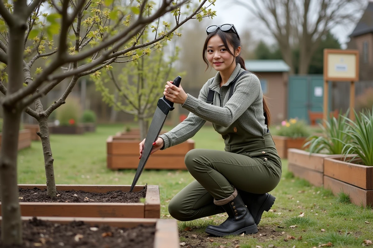 Jeune femme en overalls taillant un arbre fruitier dans un jardin