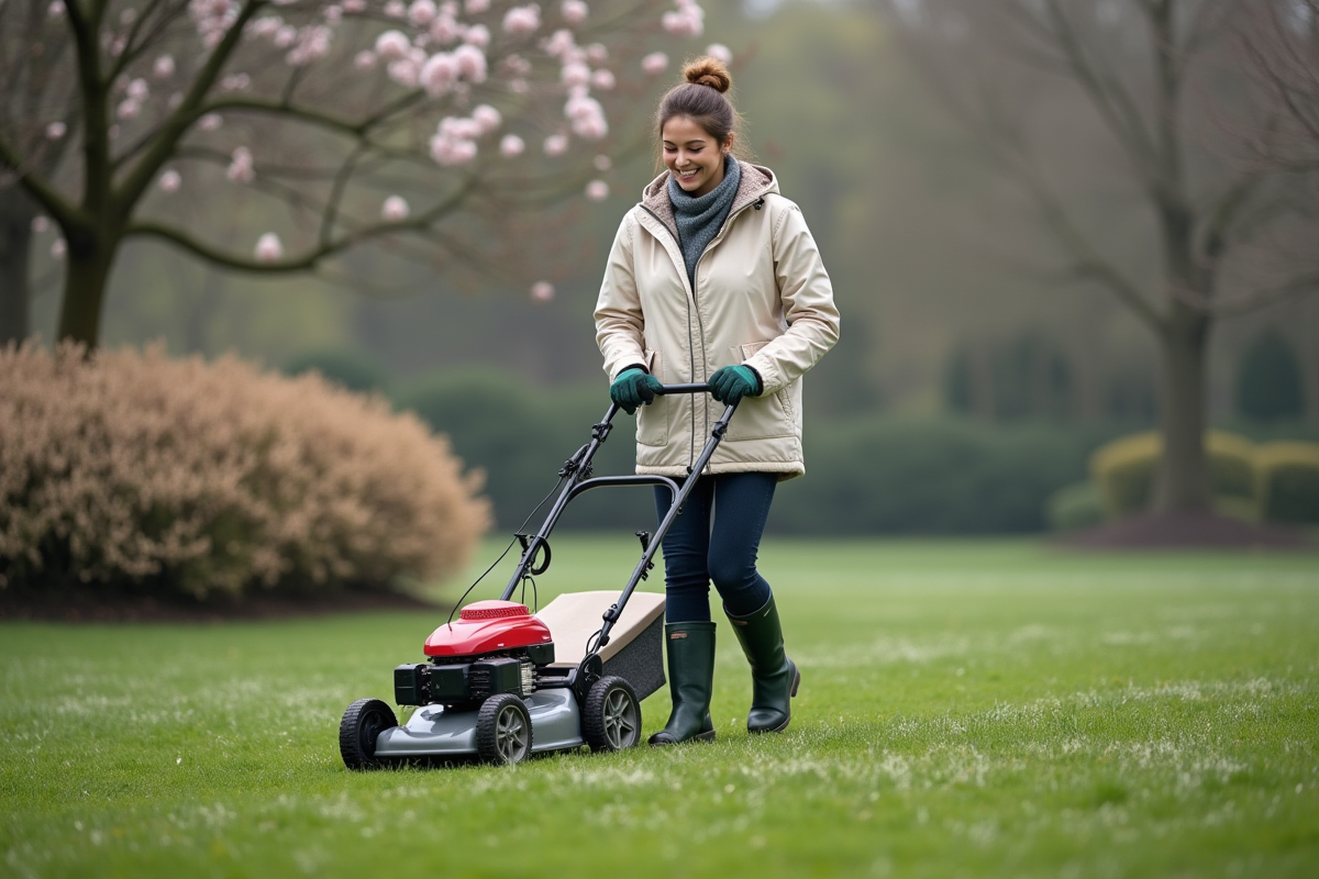 Jeune femme avec coupe-vent et bottes tondant la pelouse