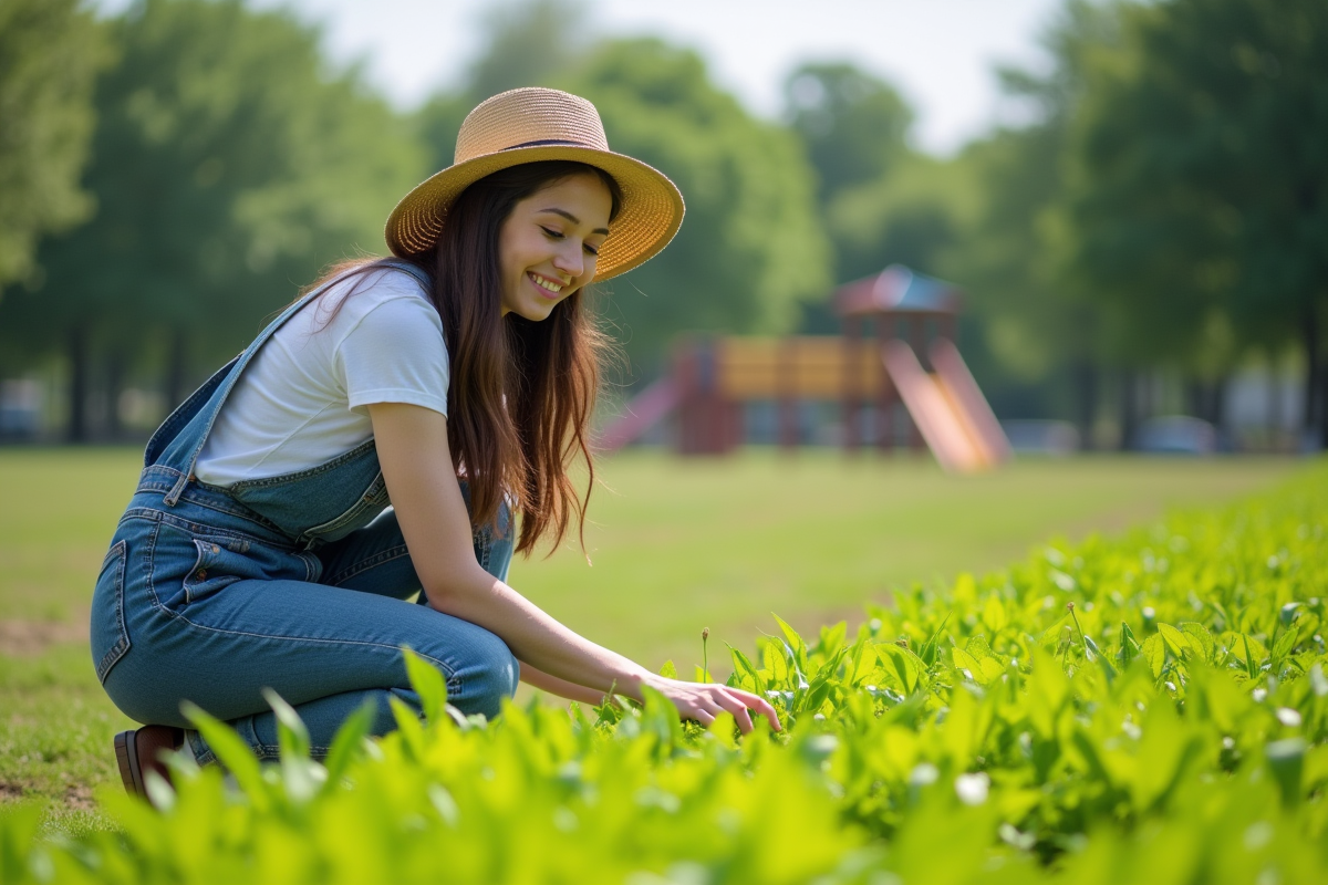 Jeune femme en parc arrachage de mauvaises herbes