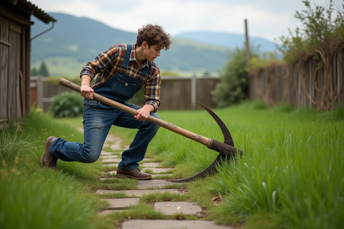 Jeune homme avec faux et faucille dans un jardin rural