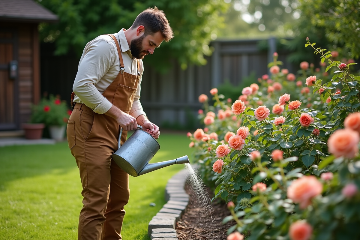 Jeune homme verser engrais liquide dans arrosoir