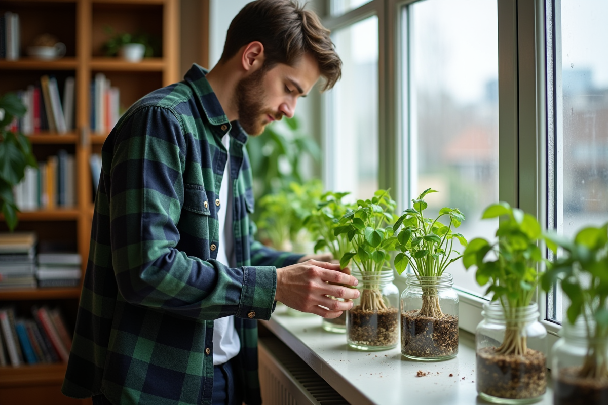 Jeune homme plaçant des pots de pothos sur la fenêtre