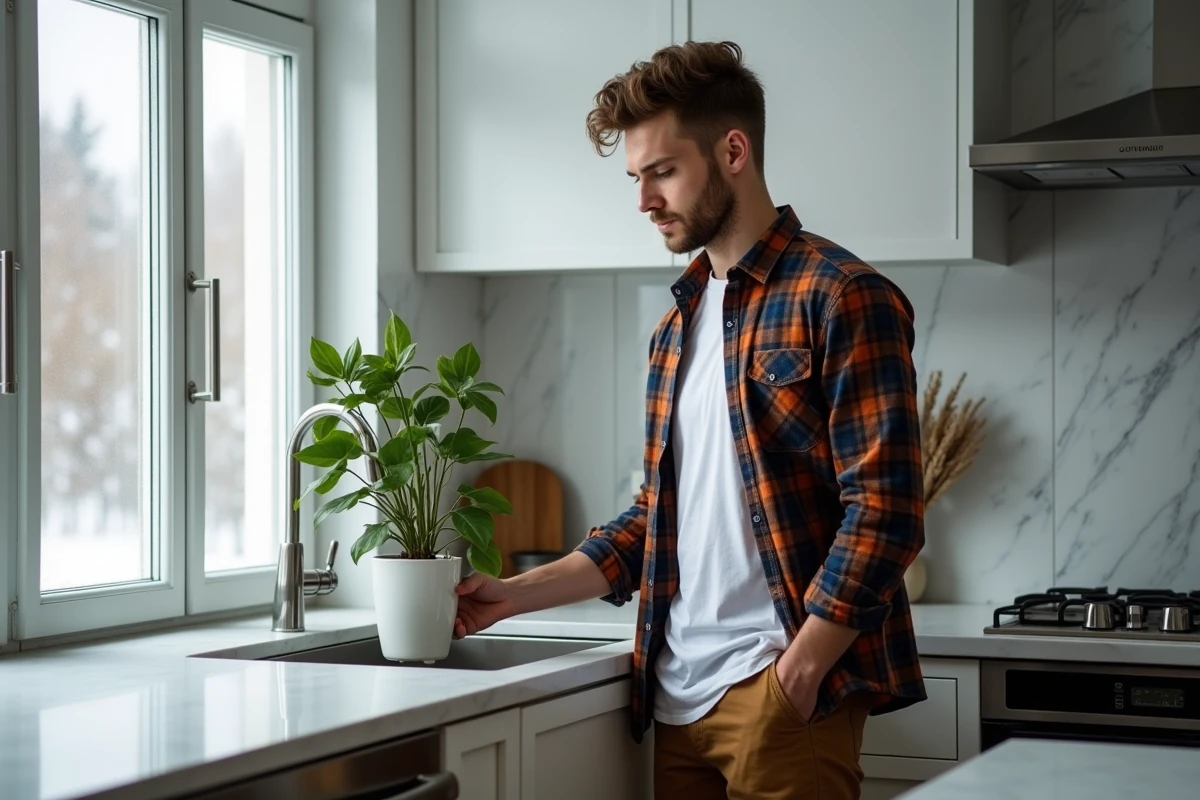 Jeune homme en flanelle posant un hibiscus sur une fenêtre dans la cuisine