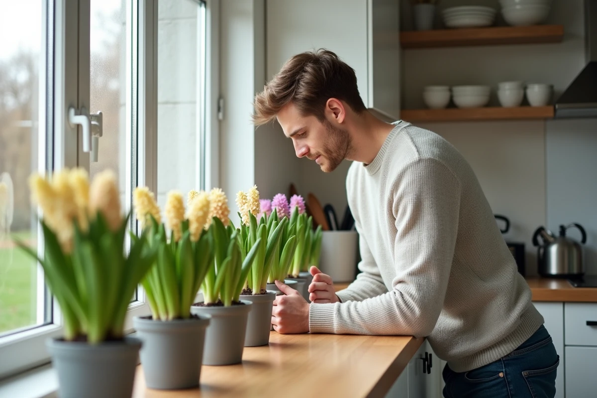 Jeune homme examinant hyacinths dans la cuisine lumineuse