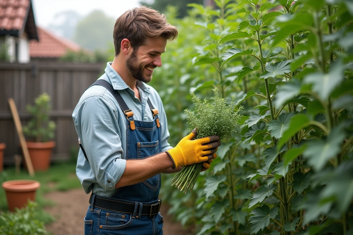 Jeune homme vérifiant ses plants de thym dans le jardin