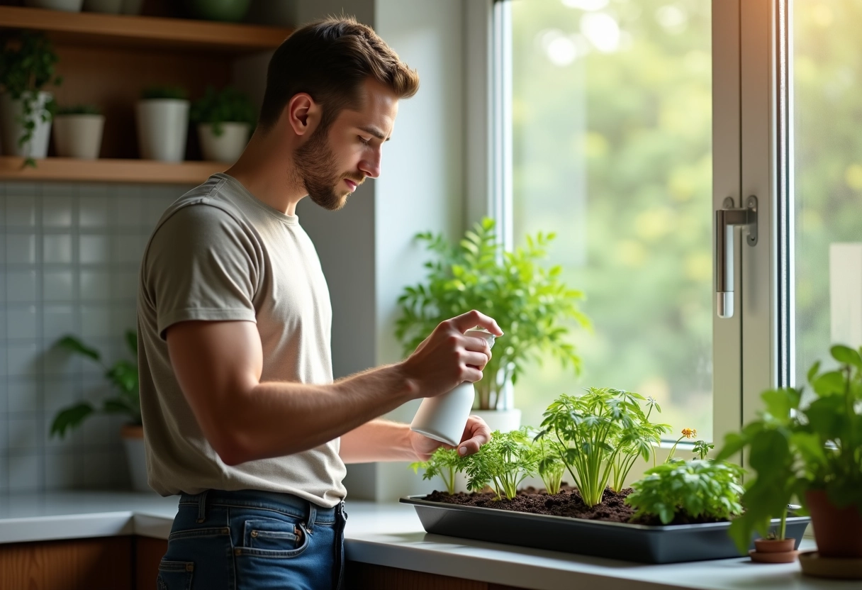 Jeune homme vaporisant des plantes sur une fenêtre