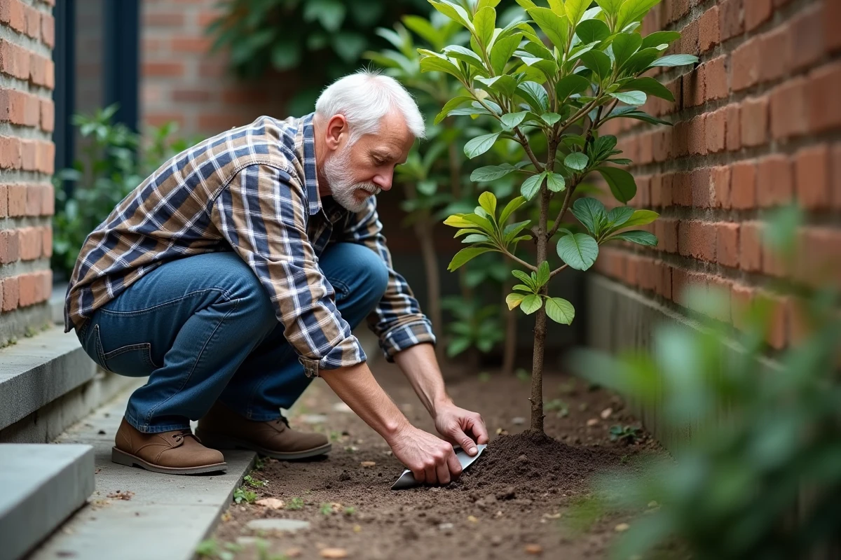 Homme âgé plantant un jeune figuier dans une cour urbaine