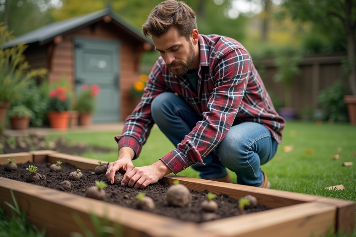 Jeune homme couvrant tubers dans un jardin suburbain