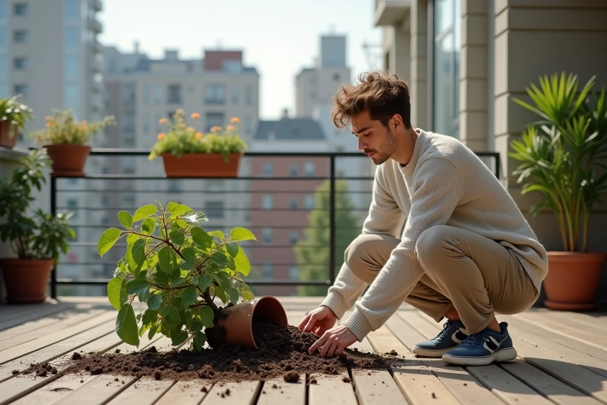 Jeune homme regarde un pot de figuier renversé sur la terrasse