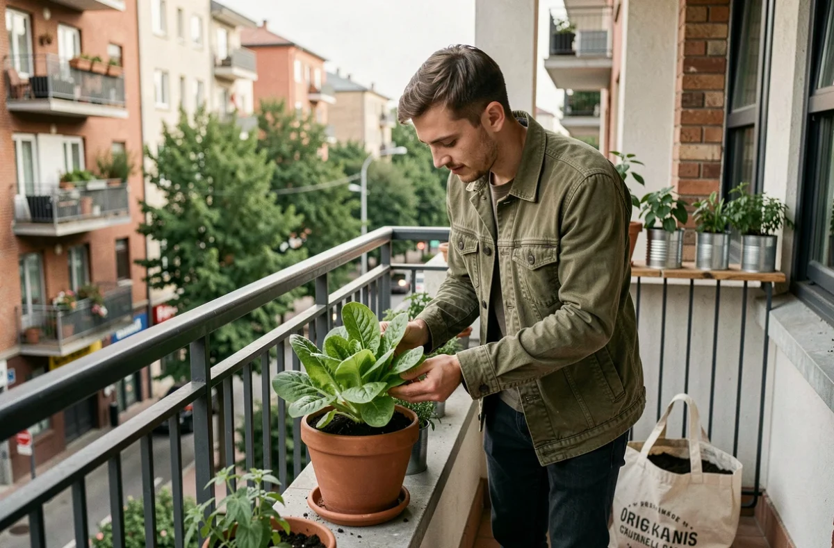 Jeune homme examinant une laitue en pot sur un balcon urbain aménagé en mini-potager bio pour débutants