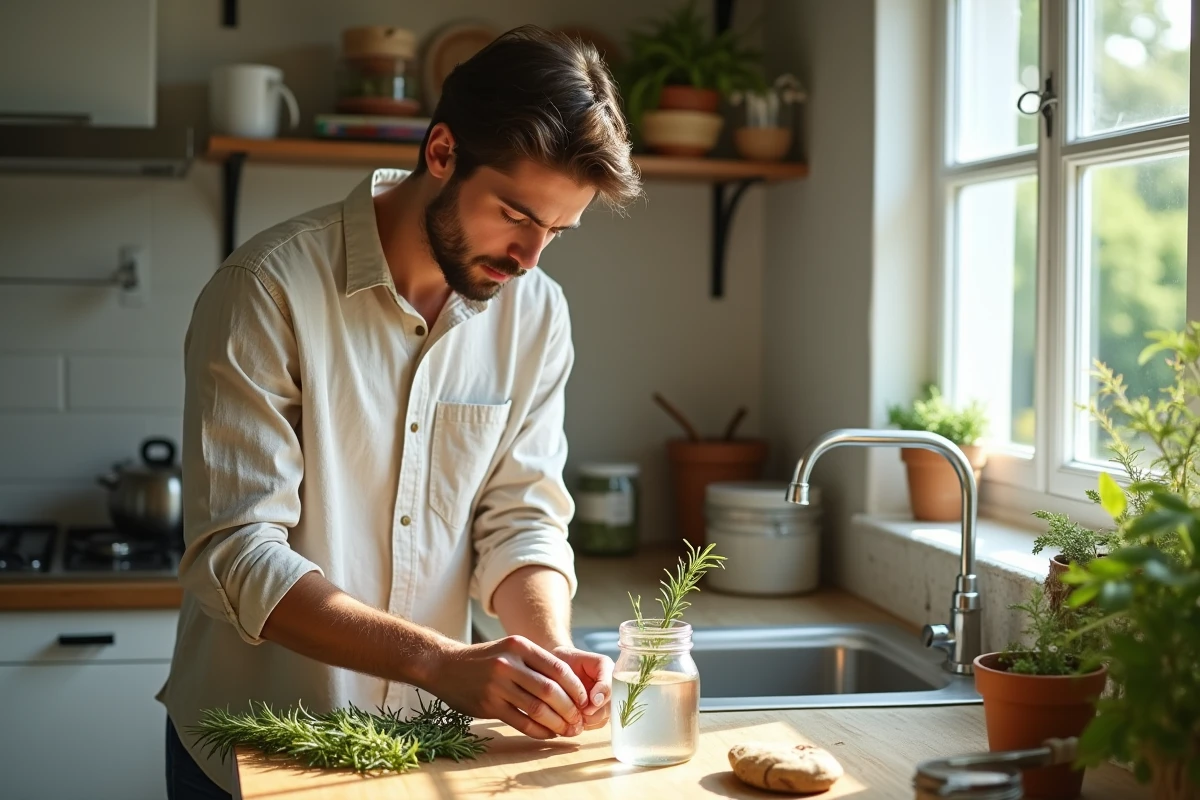 Jeune homme plaçant du romarin dans des bocaux en cuisine