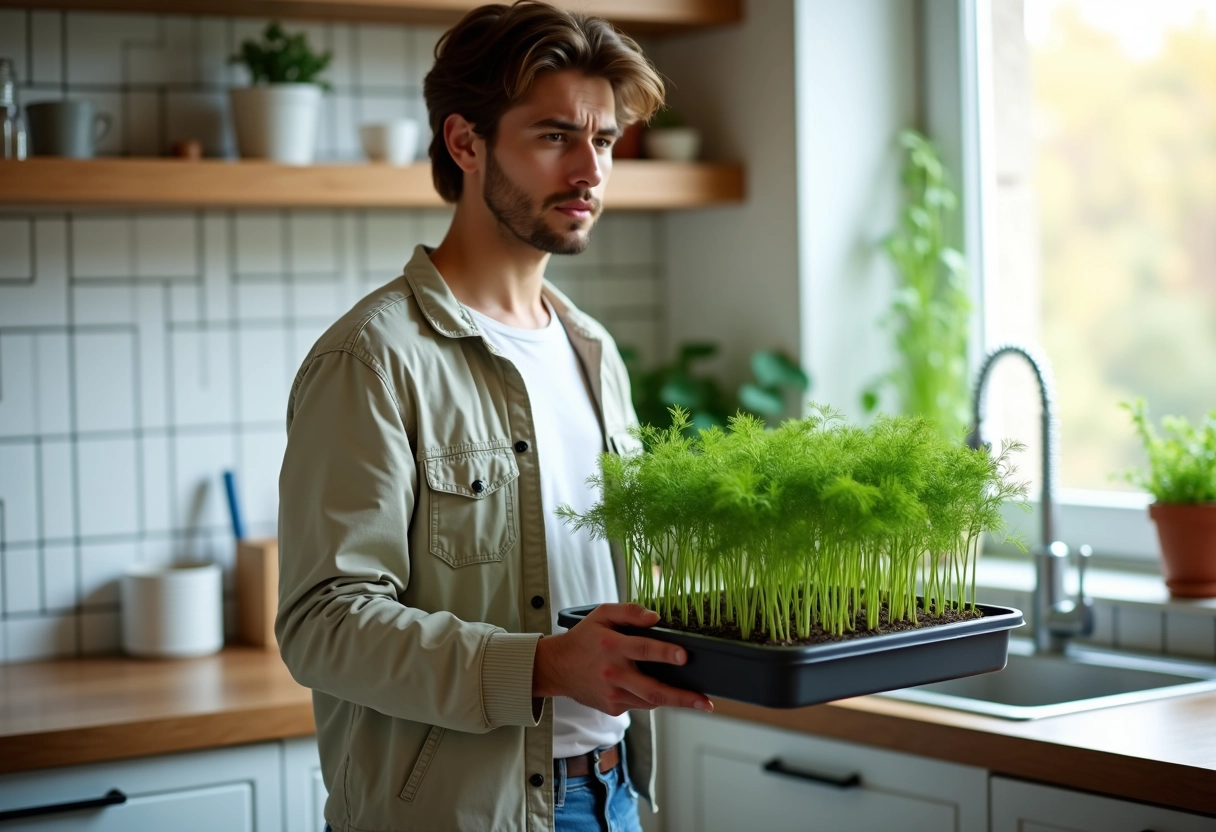 Jeune homme tient des semis de dill dans la cuisine lumineuse