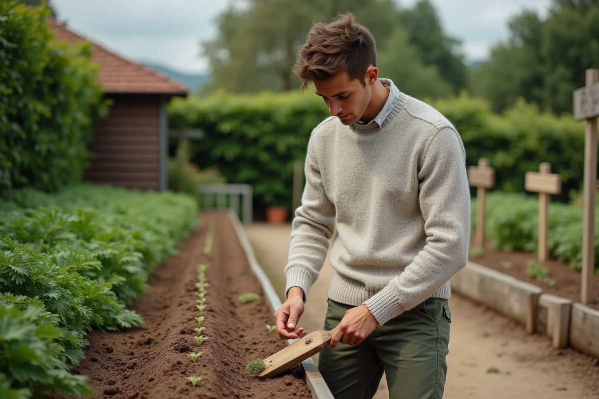 Jeune homme plantant des graines de carottes dans le jardin