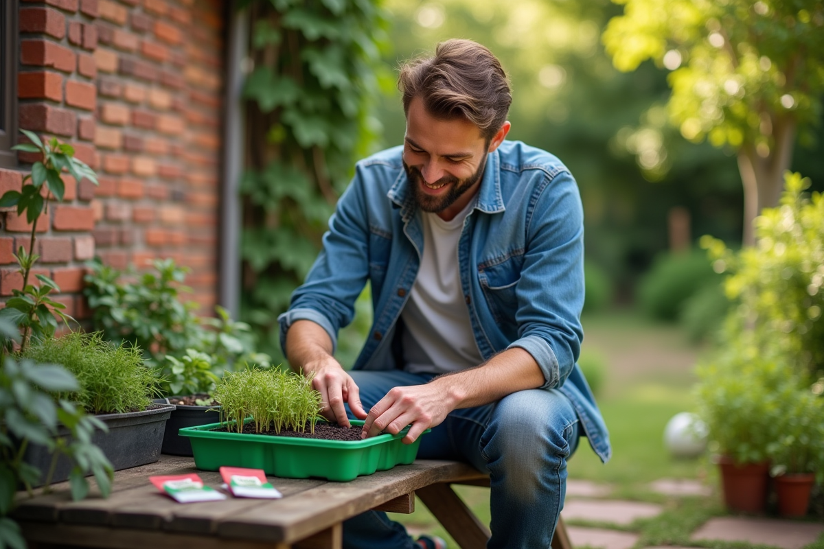 Jeune homme plantant des graines dans un bac de semis en jardin