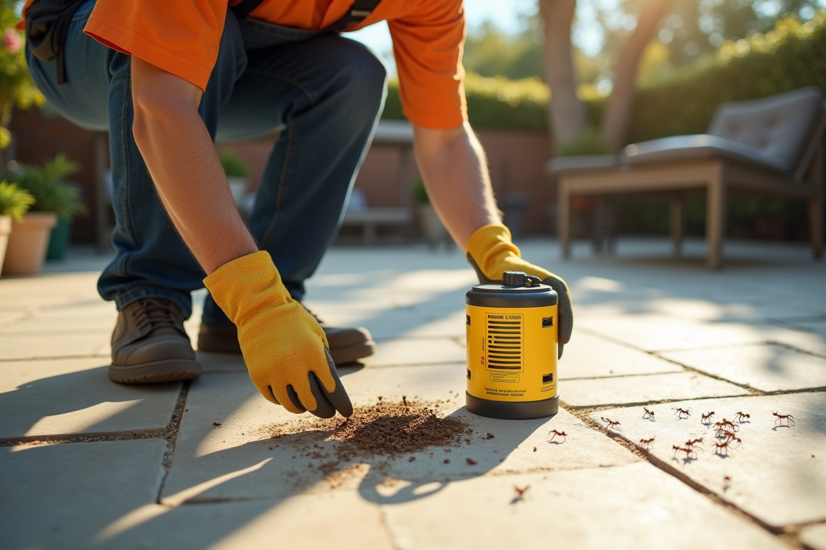 Jeune homme posant une station anti-fourmis sur terrasse