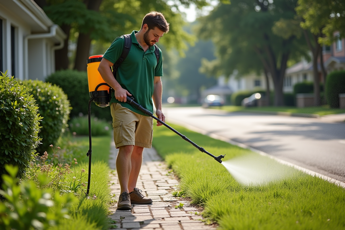 Jeune homme appliquant un désherbant avec un pulvérisateur