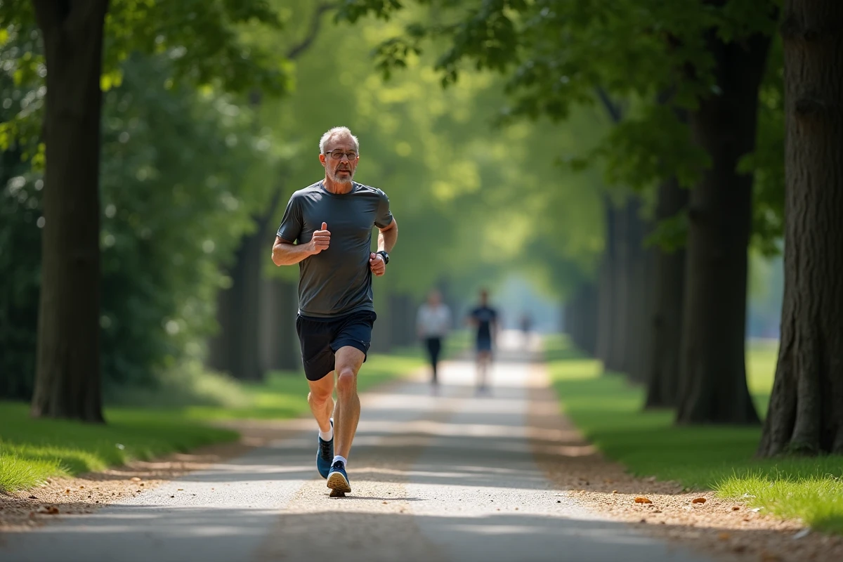 Homme en train de courir sur un chemin ombragé bordé de tilleuls dans un parc d'Annecy en plein été