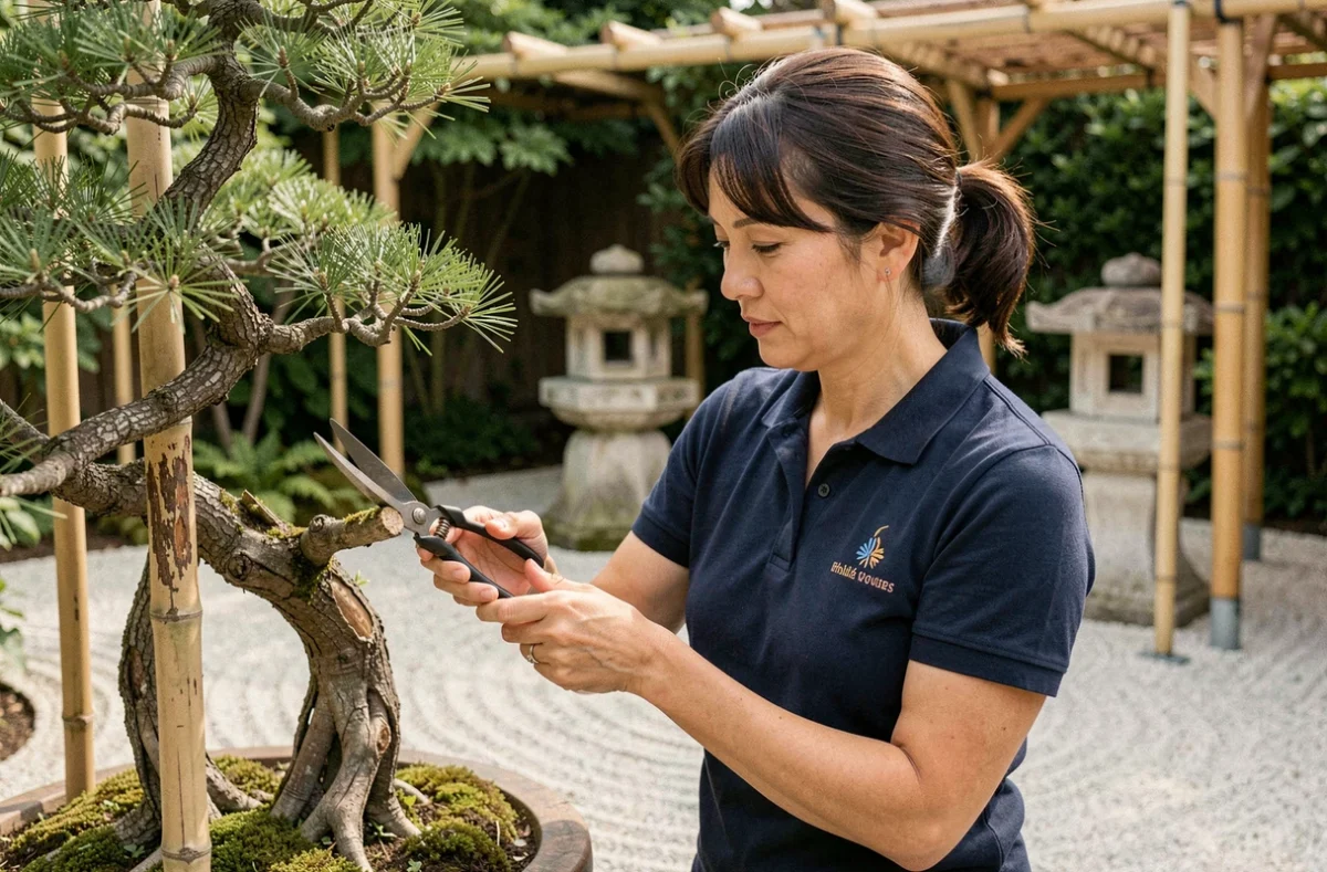 Jardinière professionnelle de KAORI taillant un arbre ornemental dans un jardin de style japonais à Toulouse