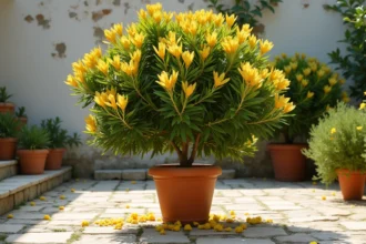 Laurier rose en pot avec des feuilles jaunes sur une terrasse en pierre dans un jardin méditerranéen