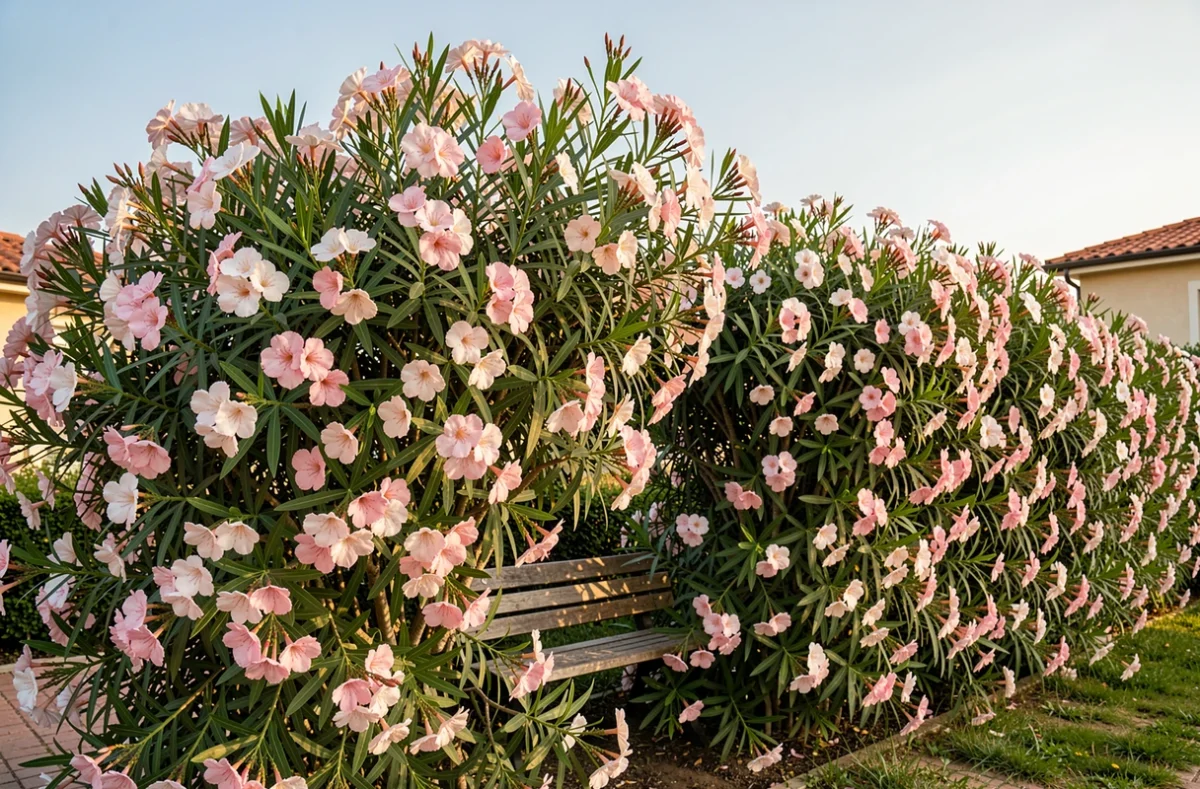 Haie occultante de lauriers roses matures avec fleurs bicolores roses et blanches formant un écran naturel entre deux jardins