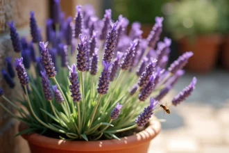 Plante de lavande en fleur dans un pot en terre cuite sur une terrasse en pierre, reconnue comme plante anti mouches naturelle