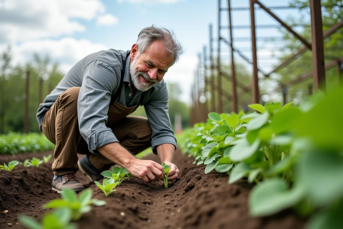 Jardinier observant la levée express de jeunes plants de haricots verts dans un potager organisé au printemps