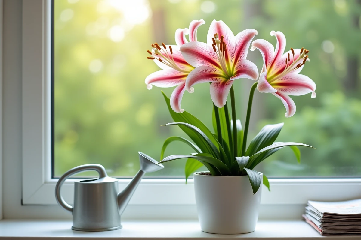 Lys oriental en fleur dans un pot céramique blanc sur un rebord de fenêtre d'appartement, exemple de lys qui refleurit correctement
