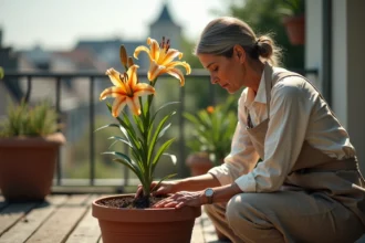 Femme examinant un lys oriental en pot avec des feuilles jaunies sur un balcon, cherchant pourquoi la plante ne refleurit plus