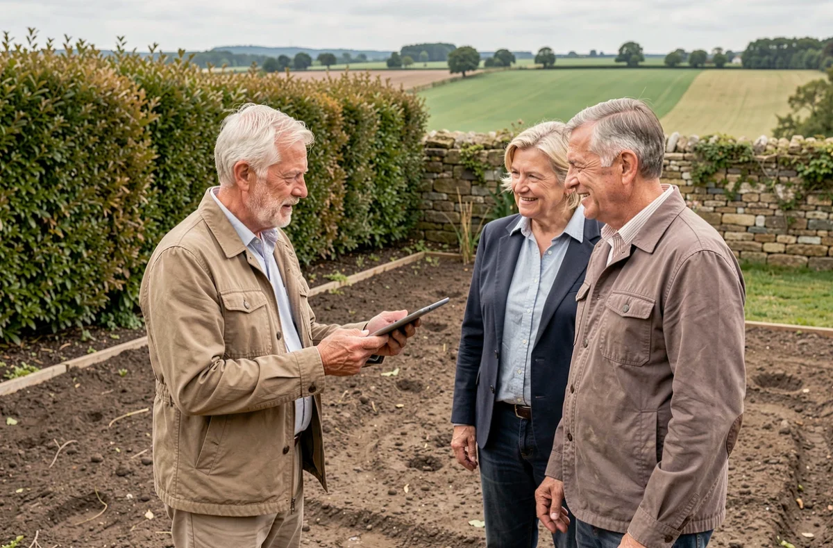 Un architecte paysagiste de M' Concept Paysages présentant un projet de jardin sur tablette à un couple dans leur propriété des Hauts-de-France.