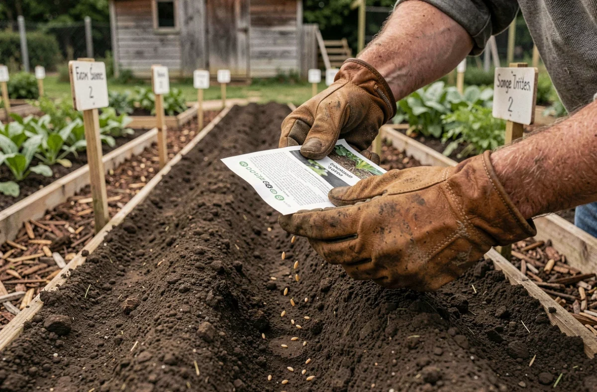 Mains gantées d'un jardinier débutant semant des graines de carottes en rang dans un potager bio bien organisé