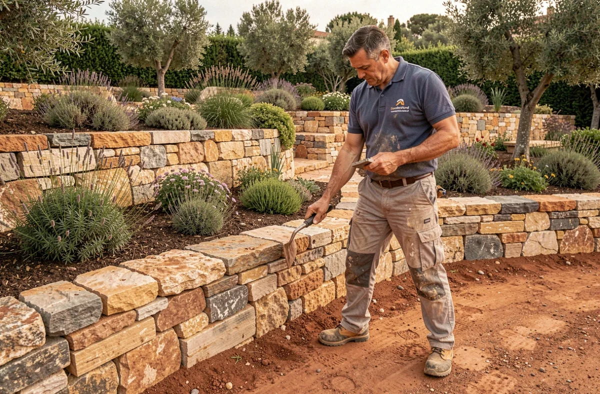 Spécialiste de Mas Rénovation inspectant un mur en pierre sèche dans un jardin aménagé en Occitanie