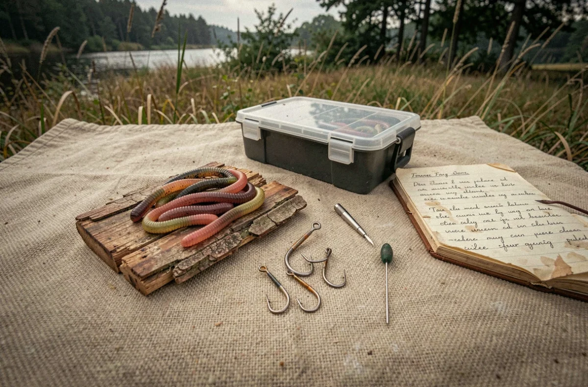 Assortiment de vers d'eschage, hameçons et carnet de notes de pêche posés sur une table rustique en plein air