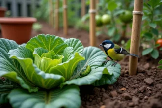 Mésange charbonnière perchée sur un tuteur dans un potager chassant de petites chenilles vertes sur des feuilles de chou