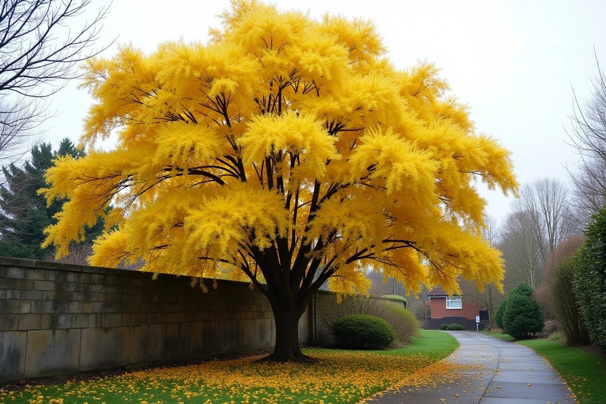 Mimosa envahissant en fleurs débordant sur un chemin depuis un jardin de banlieue