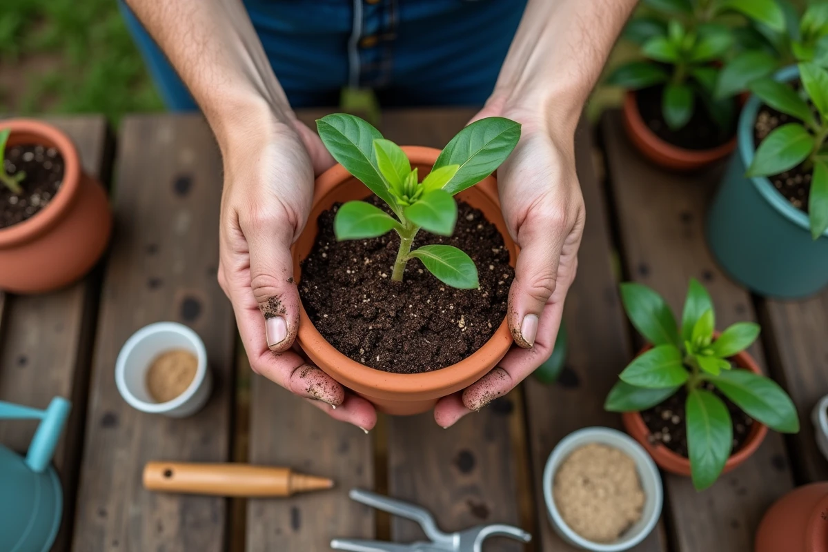Mise en pot d'une bouture de laurier rose dans un pot en terre cuite sur un établi de jardinage