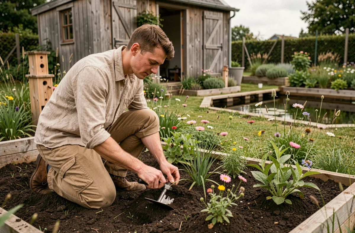 Jardinier paysagiste de Noé Jardins plantant des vivaces indigènes dans un jardin écologique conçu pour la biodiversité dans le nord de la France.