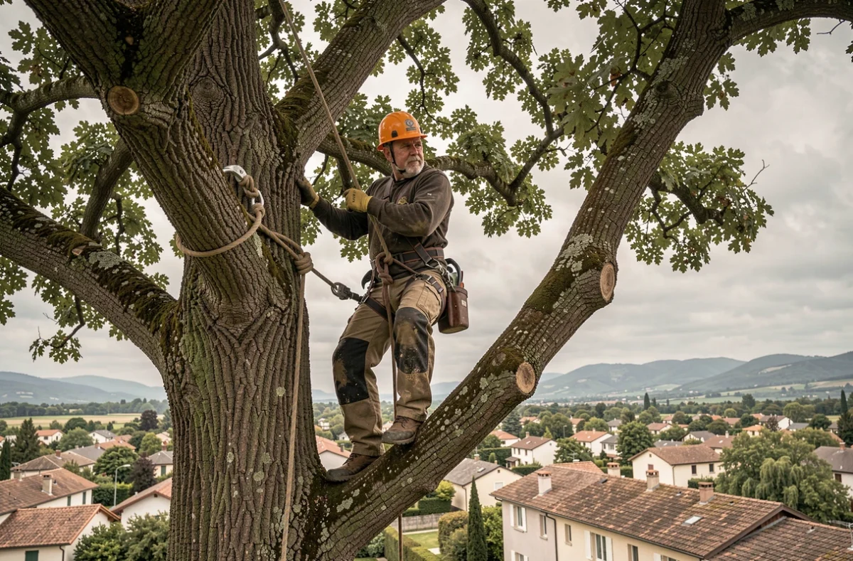Élagueur professionnel de Noel Elagage travaillant en hauteur dans un grand arbre en zone résidentielle du Rhône