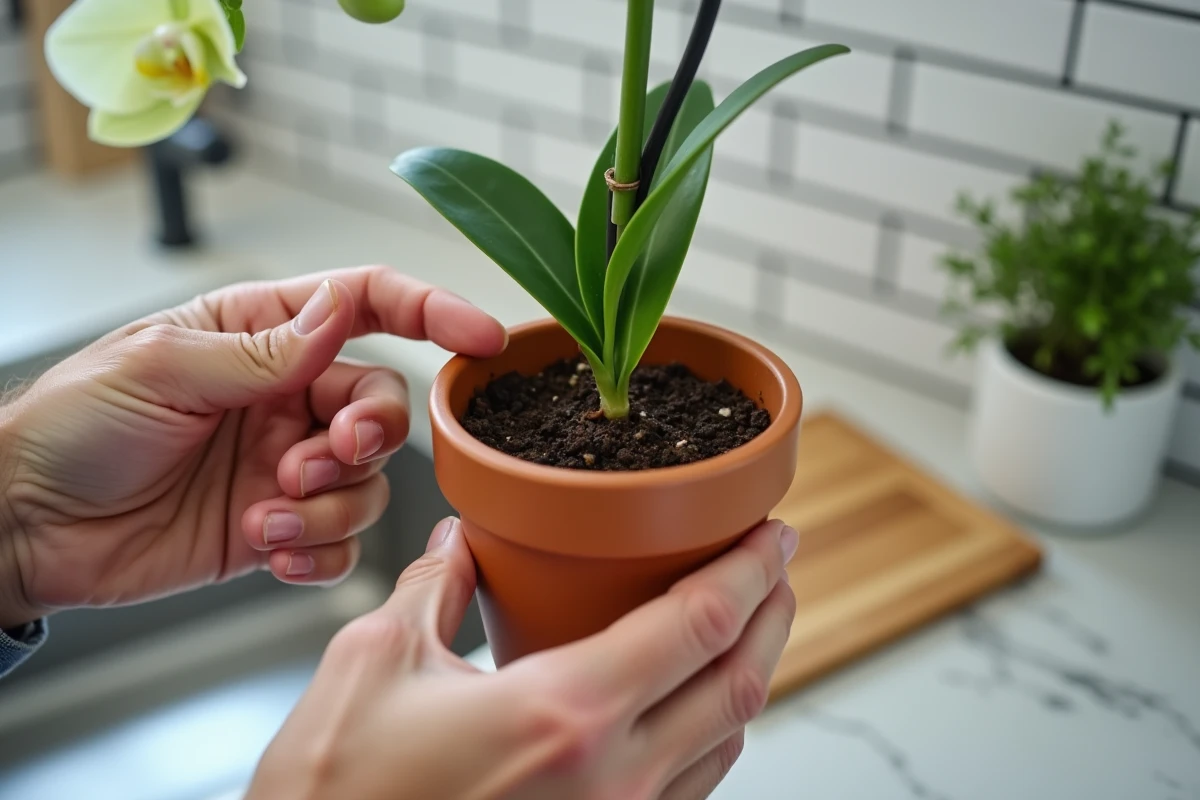 Gros plan sur un nœud de hampe d'orchidée Phalaenopsis indiquant l'endroit précis où couper pour relancer la floraison