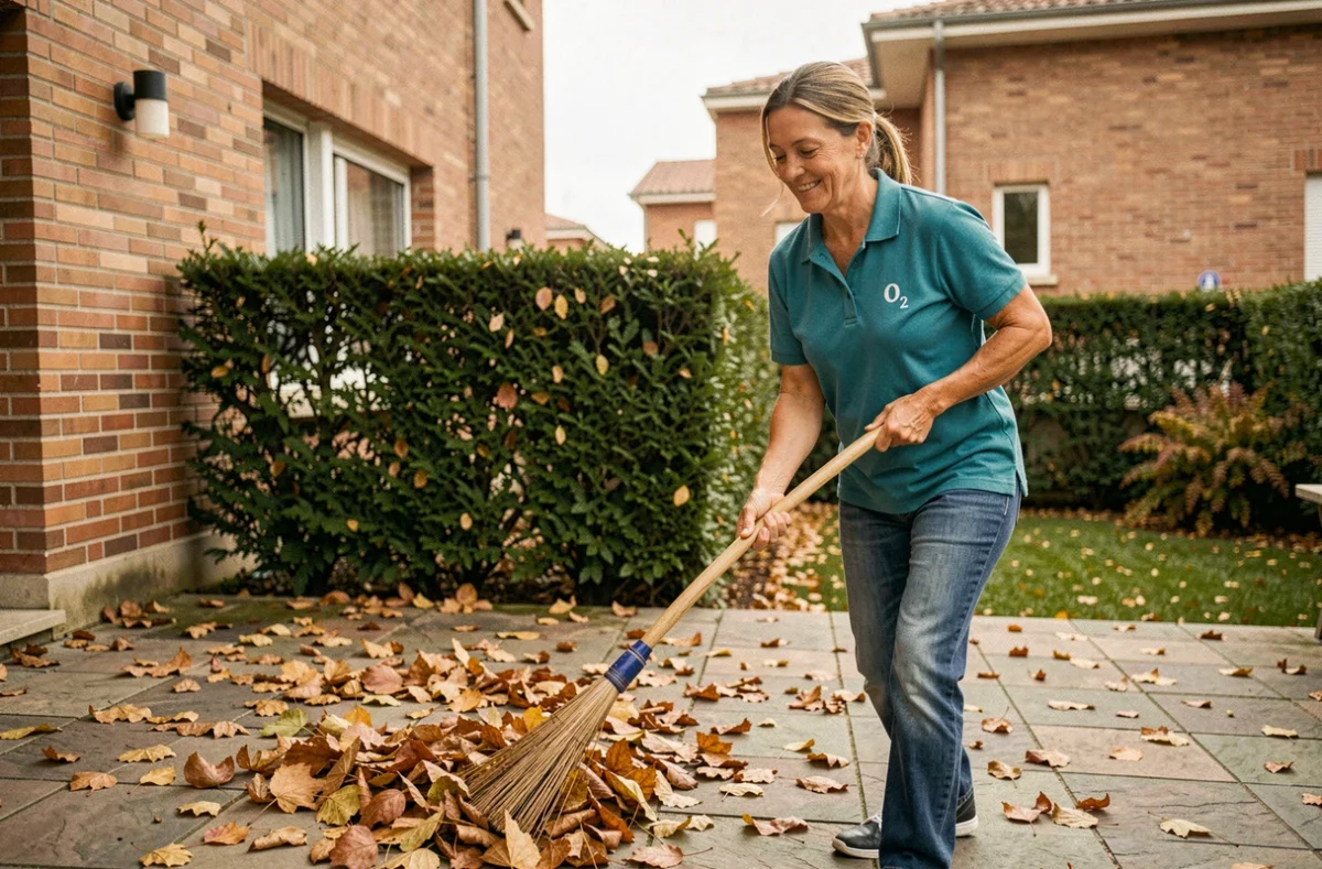 Intervenante O2 Care Services balayant les feuilles mortes sur une terrasse de jardin résidentiel à Toulouse