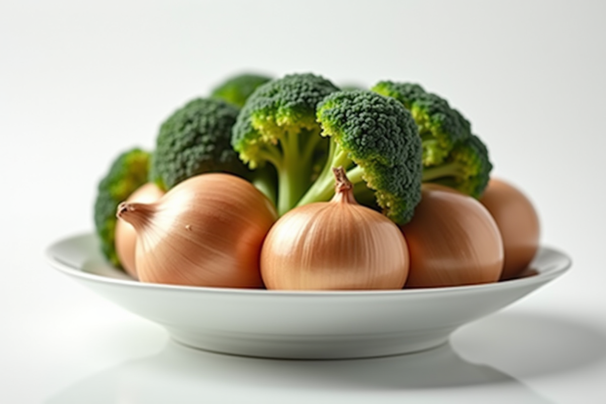 Oignons et brocolis sur une assiette blanche dans une cuisine moderne