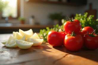 Oignons et tomates frais sur une table en bois ensoleillée