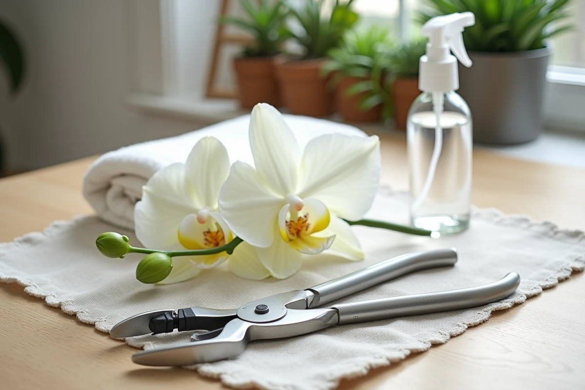 Vue à plat des outils nécessaires pour tailler une orchidée après floraison : sécateur stérilisé, spray alcool et orchidée Phalaenopsis