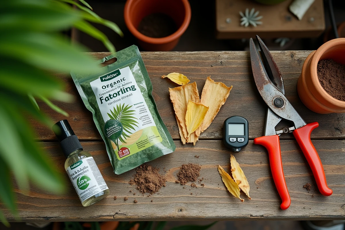 Outils et traitements disposés sur un établi de jardinage pour soigner un palmier jaune malade